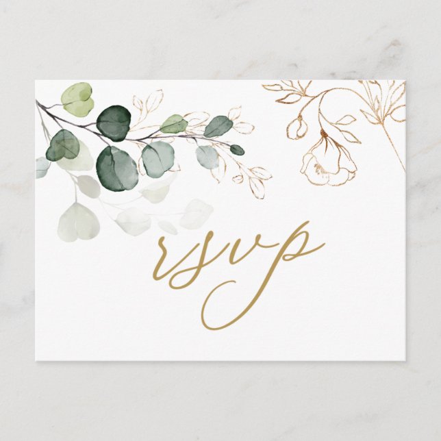 Cartão Postal De Convite Eucalyptus deixa Ouro Floral RSVP Casamento (Frente)