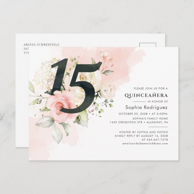 Cartão Postal De Convite Eucalyptus Floral Deixa a Quinceanera 15 Aniversár (Frente/Verso)