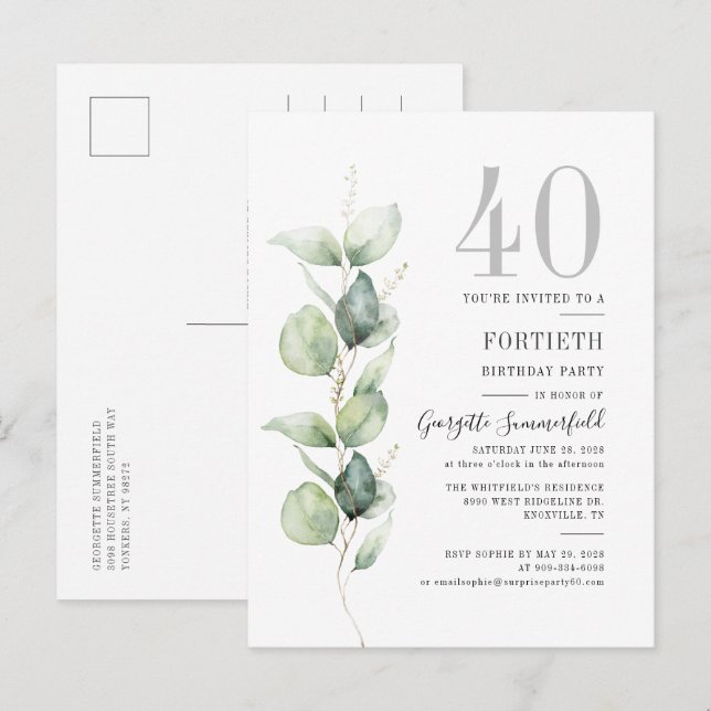 Cartão Postal De Convite Eucalyptus Greenery aniversário de 40 anos Botânic (Frente/Verso)