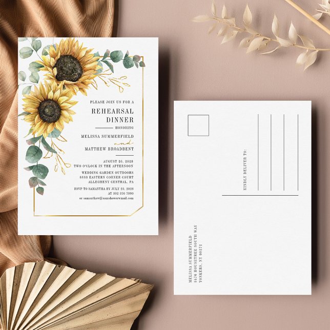 Cartão Postal De Convite Eucalyptus Greenery Janto de ensaio de girassol (Sunflower Floral Wedding Rehearsal Dinner Invitation Postcard)