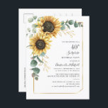 Cartão Postal De Convite Eucalyptus Greenery Partido do aniversário de 40 a<br><div class="desc">Crie um convite de aniversário gentil com o nosso modelo geométrico floral e verde com girassol e eucalipto com estrutura geométrica de folha de ouro,  clicando no botão "Personalizar"</div>
