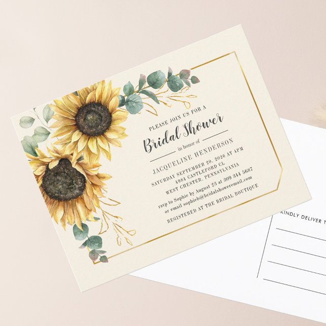 Cartão Postal De Convite Eucalyptus Sunflower Script Chá de panela (Floral Sunflower Eucalyptus Bridal Shower Invitation Postcard)