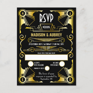 Cartão Postal De Convite Excelente Gatsby Art Deco Casamento RSVP Dourado e