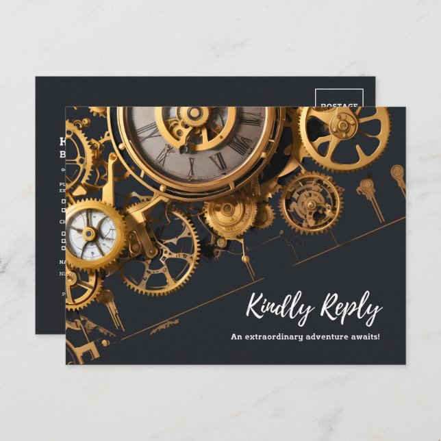 Cartão Postal De Convite Extravagância Steampunk Relógio Antigo RSVP (Frente/Verso)