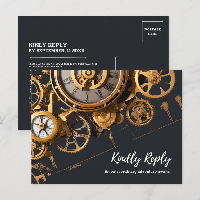 Cartão Postal De Convite Extravaganza Steampunk Relógio Antigo RSVP (Frente/Verso)
