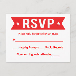 Cartão Postal De Convite Faça o RSVP Vermelho e Branco Faixa Casamento Fest