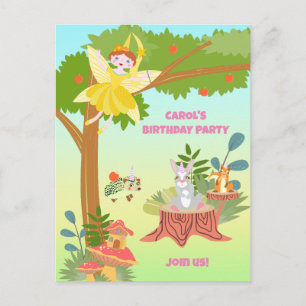 Cartão Postal De Convite Fada do Jardim com amigos de estimação Festa de An