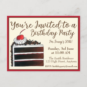 Cartão Postal De Convite Fatia de Bolo Floresta Negra Festa de Aniversário 
