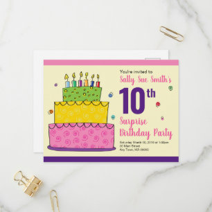 Cartão Postal De Convite Feliz Aniversário com Bolo Colorido de Velas Confe