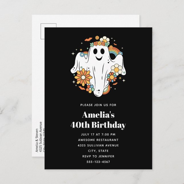 Cartão Postal De Convite Feliz Aniversário do Fantasma Retro Hippie Vibe (Frente/Verso)