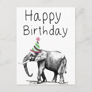 Cartão Postal De Convite Feliz Elefante De Aniversário No Chapéu, Celebraçã