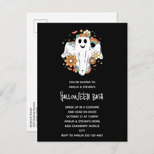 Cartão Postal De Convite Feliz Fantasma Retro Hippie Vibe Halloween