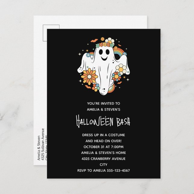 Cartão Postal De Convite Feliz Fantasma Retro Hippie Vibe Halloween (Frente/Verso)