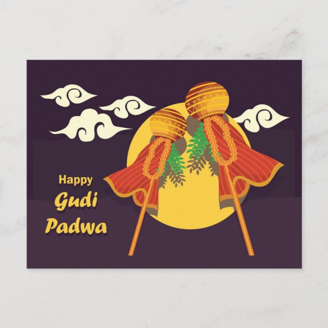 Cartão Postal De Convite Feliz Gudi Padwa, levantando gudi (Frente)