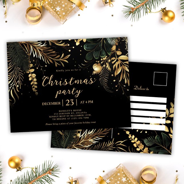 Cartão Postal De Convite Feriado Dourado do Natal Elegante Negro (Black Gold Elegant Christmas Party Holiday Invitation Postcard)