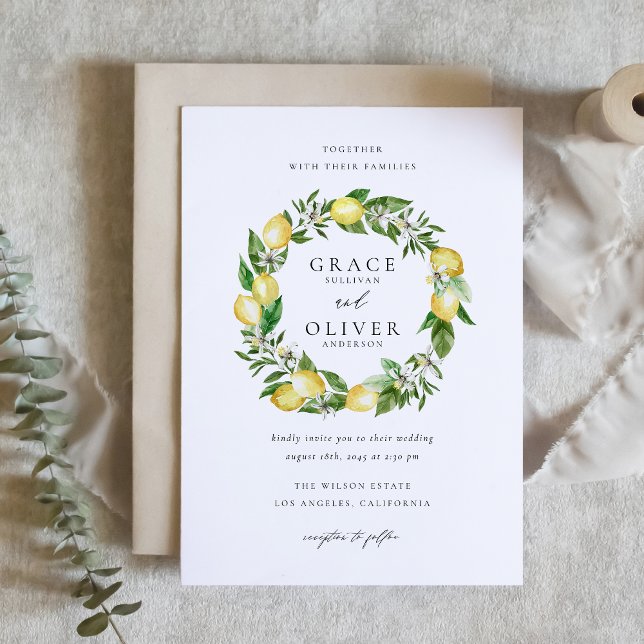 Cartão Postal De Convite Ferida Botânica de Limão com Casamento Verde (Botanical Lemon and Greenery Wreath Garden Wedding Invitation Postcard)