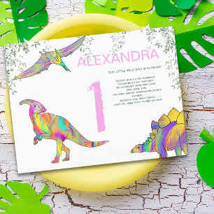 Cartão Postal De Convite Festa de 1º Aniversário Dinosaur Watercolor Rosa E