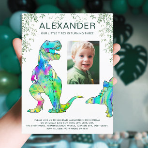 Cartão Postal De Convite Festa de 3 Anos dos Meninos Dinossauros Coloridos 