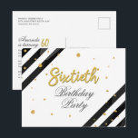 Cartão Postal De Convite Festa de aniversário 60ª Script Moderna<br><div class="desc">Modern Surprise 60th Birthday Script Geométrico Dourado Invitation com faixas pretas e pontos brilhantes de folhas de ouro com tipografia de script que você pode editar facilmente. Para mais personalização, clique no botão "Personalizar" e use nossa ferramenta de design para modificar este modelo.</div>