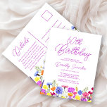 Cartão Postal De Convite festa de aniversário 60a Barato de flores silvestr<br><div class="desc">Uma fronteira bonito de flor silvestre enfeita o fundo deste cartão postal de 60 anos de barato de aniversário. Flores roxas, azuis, amarelas e alaranjadas criam um design colorido e feliz para celebrar esse aniversário marco. A caligrafia roxa moderna e simples acrescenta um toque de tendência para mantê-la fresca. O...</div>