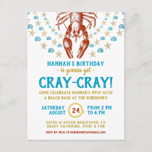 Cartão Postal De Convite Festa de aniversário Adulto de Crayfish de praia