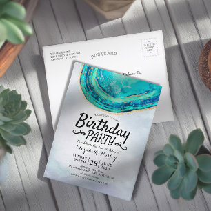 Cartão Postal De Convite Festa de aniversário Aquarela Teal e Garrafa Doura