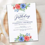 Cartão Postal De Convite Festa de aniversário Azul Branco Floral Patriótica<br><div class="desc">Estes elegantes e modernos convites de aniversário patrióticos apresentam lindas flores de aquarela em tons vermelhos, brancos e azuis, fazer-os a escolha perfeita para o aniversário de 4 de julho ou aniversários militares. A design é patriótica e floral, alcançando um equilíbrio perfeito entre os dois temas. Visite nossa coleção patriótica...</div>