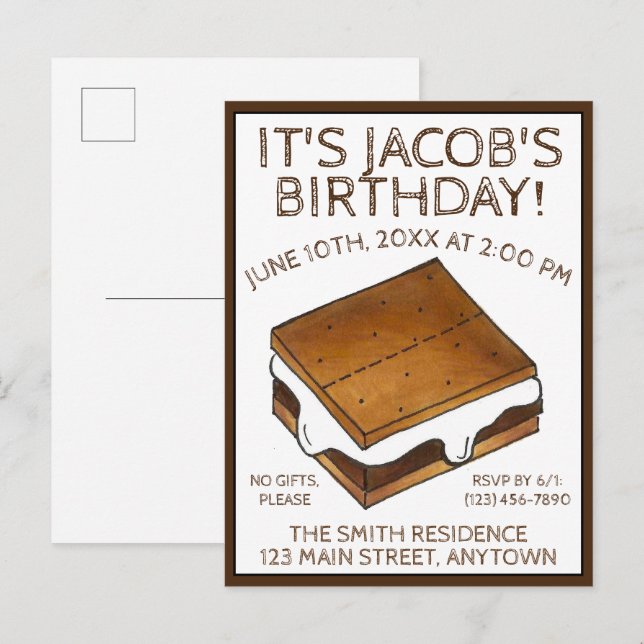 Cartão Postal De Convite Festa de Aniversário com Marshmallow de Fogueira S (Frente/Verso)