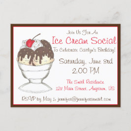 Cartão Postal De Convite Festa de Aniversário com Sorvete de Sundae de Choc