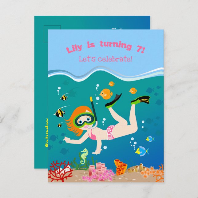 Cartão Postal De Convite Festa de Aniversário da menina com snorkeling e pe (Frente/Verso)