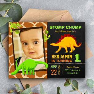 Cartão Postal De Convite Festa de Aniversário de 1º Foto de Dinossauro Fofo