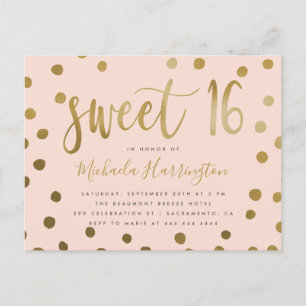Cartão Postal De Convite Festa de Aniversário de 16 Anos Rosa e Dourado na