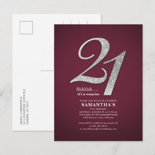 Cartão Postal De Convite Festa de Aniversário de 21 anos em Burgundy com Br