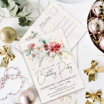 Cartão Postal De Convite Festa de aniversário de 30 anos das Flores de Aqua<br><div class="desc">As flores brancas e vermelhas das aquarelas de inverno estão aninhadas em folhas e folhagem verdes de sábado macio. Flocos de neve Dourados adicionam um toque festivo. Uma escrita elegante, simples e moderna dá-lhe uma vibração aberta e arejada. Há também um boquete floral de inverno no verso, seu endereço de...</div>