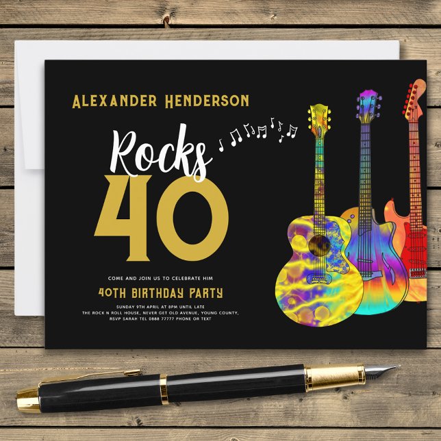 Cartão Postal De Convite Festa de aniversário de 40 anos de Música de Violã (Guitar 40th birthday party black and gold budget invitation postcard musician guitarist )