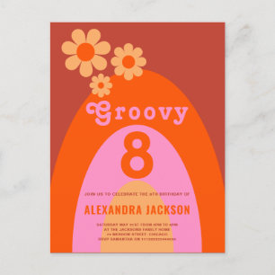 Cartão Postal De Convite Festa de Aniversário de 8 Meninas Retro Groovy
