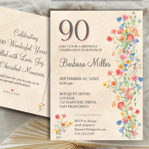 Cartão Postal De Convite Festa de Aniversário de 90 Anos com Design de Flor