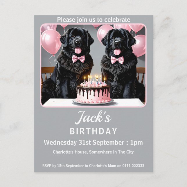 Cartão Postal De Convite Festa de aniversário de Cachorro da Terra Nova (Frente)