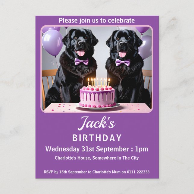 Cartão Postal De Convite Festa de aniversário de Cachorro da Terra Nova (Frente)