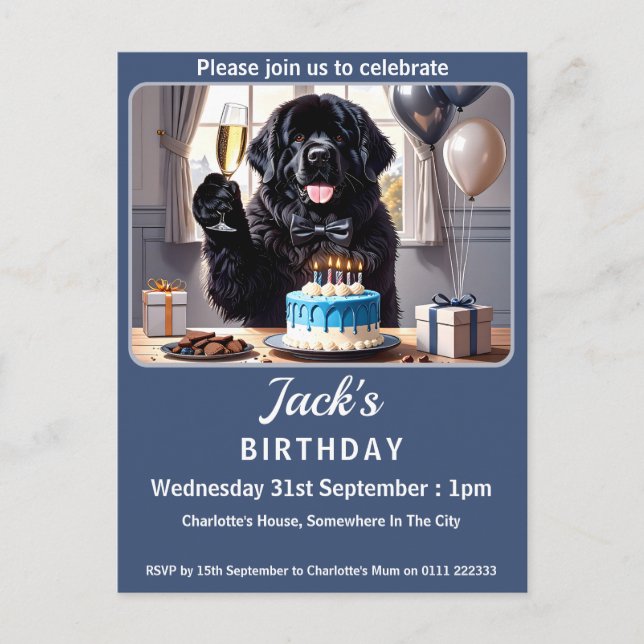 Cartão Postal De Convite Festa de aniversário de Cachorro da Terra Nova (Frente)