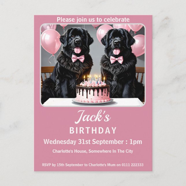 Cartão Postal De Convite Festa de aniversário de Cachorro da Terra Nova (Frente)