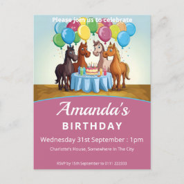 Cartão Postal De Convite Festa de aniversário de cavalos