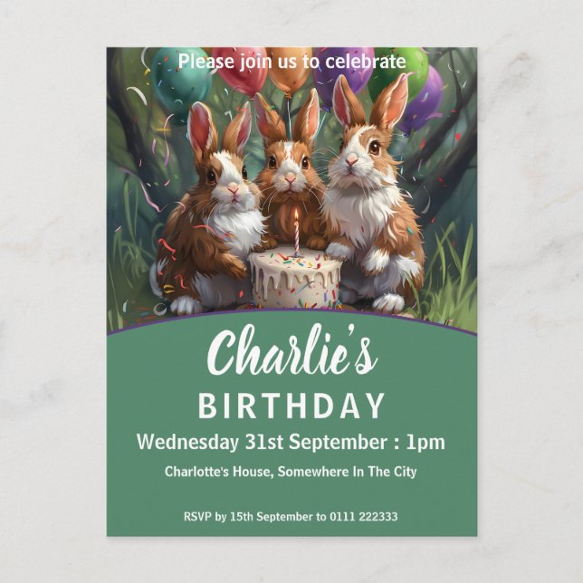 Cartão Postal De Convite Festa de aniversário de coelhos de floresta (Frente)