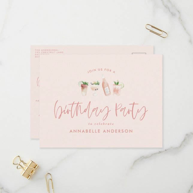 Cartão Postal De Convite Festa de aniversário de coquetel rosa-menina (Frente/Verso In Situ)