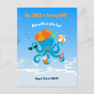 Cartão Postal De Convite Festa de Aniversário de Menino com Polvo Azul deba