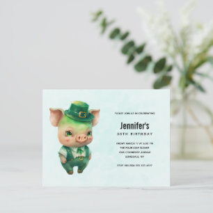 Cartão Postal De Convite Festa de Aniversário de Porco Verde Fofo com Roupa