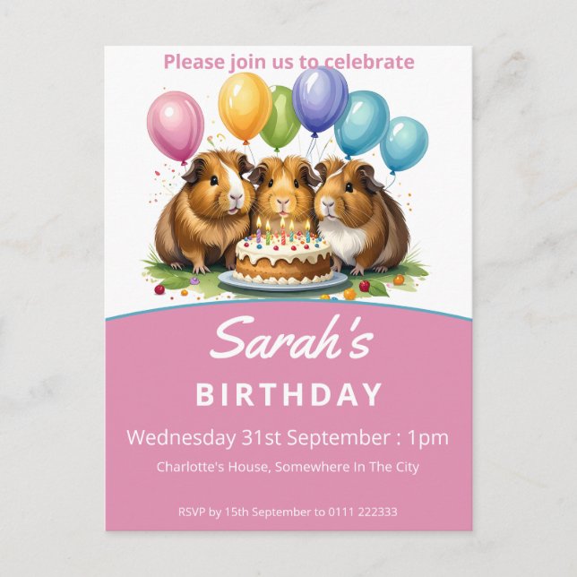 Cartão Postal De Convite Festa de aniversário de porcos-guineenses (Frente)