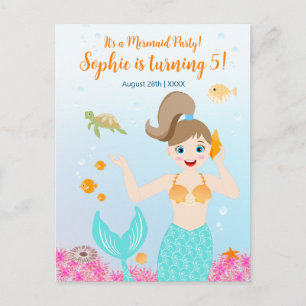Cartão Postal De Convite Festa de aniversário de Sereia e amigas femininas
