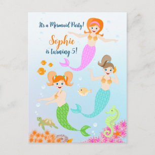 Cartão Postal De Convite Festa de aniversário de Sereia e amigas femininas