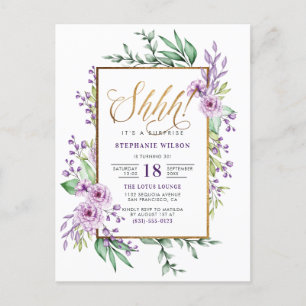 Cartão Postal De Convite Festa de aniversário de Surpresa Floral Purple Dou